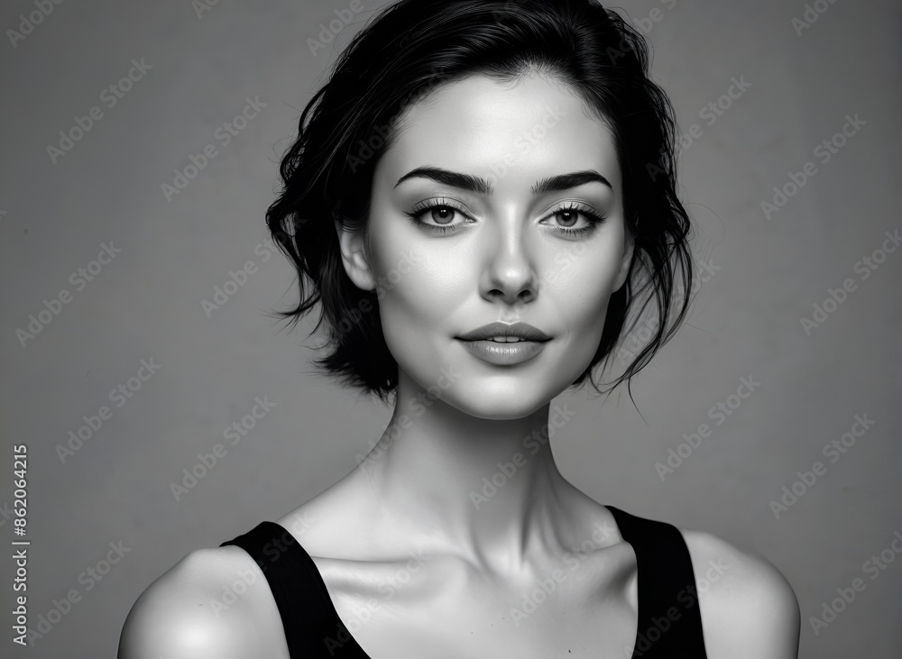 Stylized Portrait of a Woman with Short Hair in a Black and White Format Stylized Portrait of a Woman with Short Hair in a Black and White Format