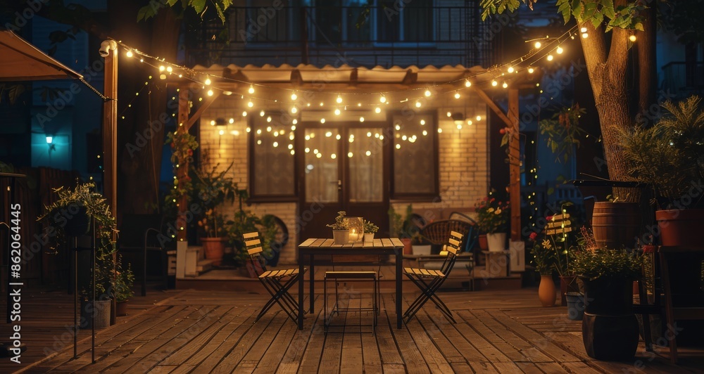 Evening Backyard Patio With String Lights and Wooden Deck Evening Backyard Patio With String Lights and Wooden Deck