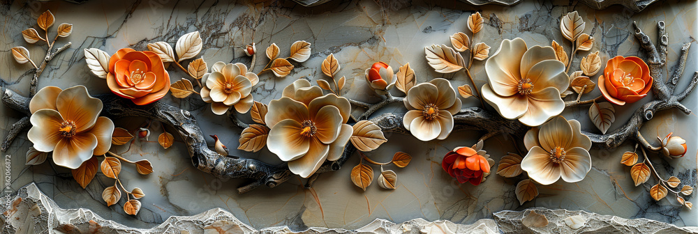 Fototapeta premium panel wall art, wall decoration, marble background with flowers designs