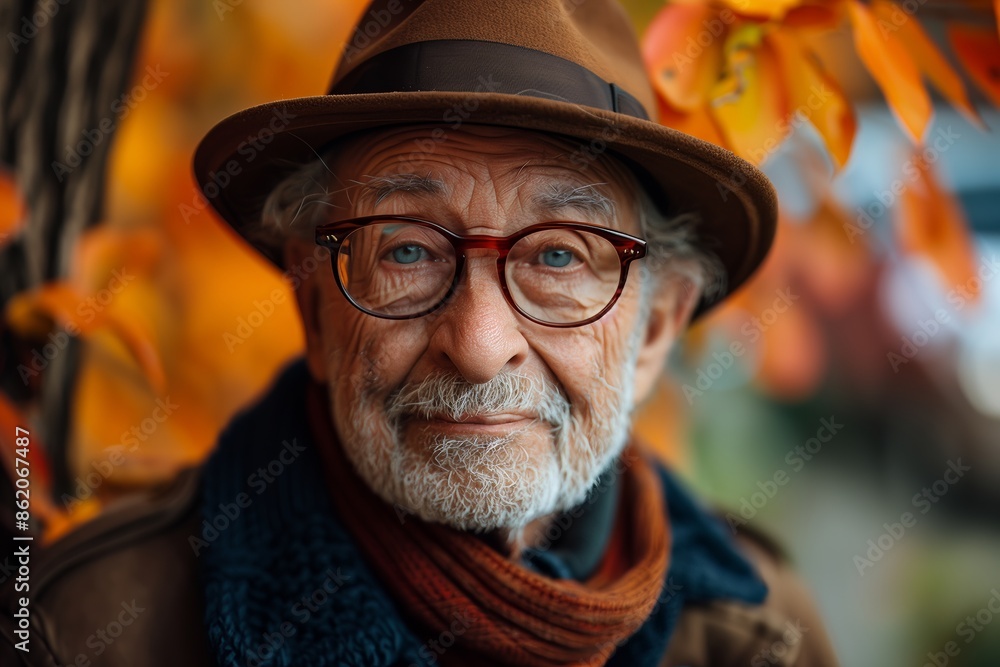 Smiling Senior Man in Hat and Glasses Outdoors in Autumn Smiling Senior Man in Hat and Glasses Outdoors in Autumn