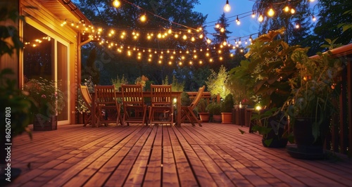 Cozy Evening Patio With Wicker Furniture and String Lights