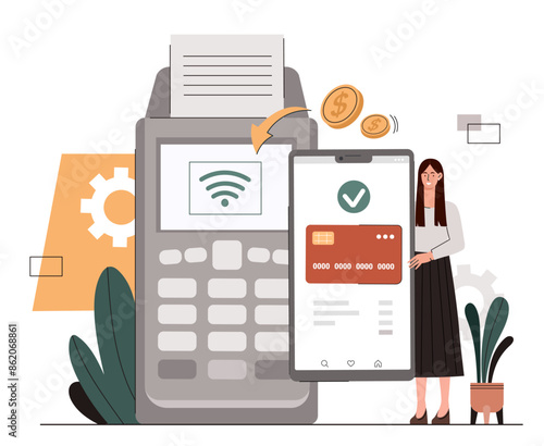 NFC technologies concept. Woman with banking card. Cashless transfers and transactions. Electronic commerce and online payment. Cartoon flat vector illustration isolated on white background