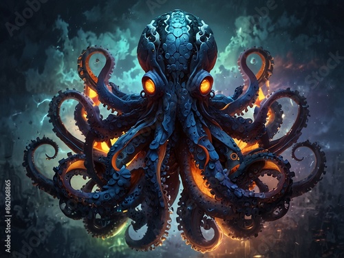 isolated octopus neon color octopus on the bottom the sea photo