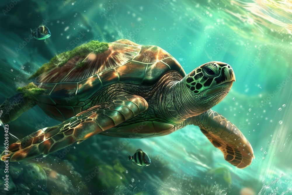 Fototapeta premium Tranquil Underwater World. Peaceful turtle swimming in crystal-clear waters