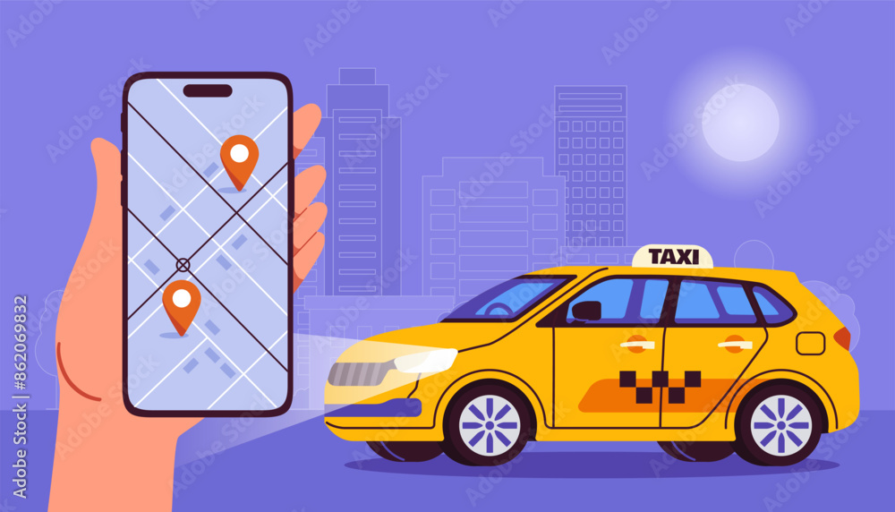 Night taxi order. Hand with smartphone near yellow automobile. Transport for travelers and tourists. Application for trip with map. Urban infrastructure. Cartoon flat vector illustration