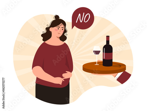 Pregnant woman refuse alcohol. Young girl near sommelier with wine and glass. Give up bad habits. Future mother with healthy lifestyle. Cartoon flat vector illustration isolated on white background