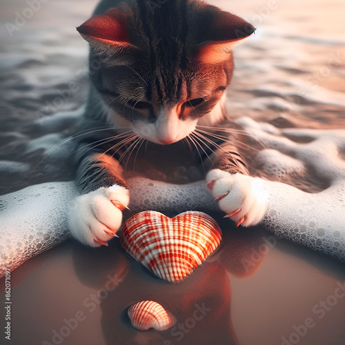 Wallpaper Mural cat and sea.Generative AI Torontodigital.ca