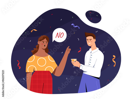 Woman refuse alcohol. Young girl say no to man with alcoholic drink and cocktail. Person give up bad habits. Character with heathy lifestyle at party. Cartoon flat vector illustration