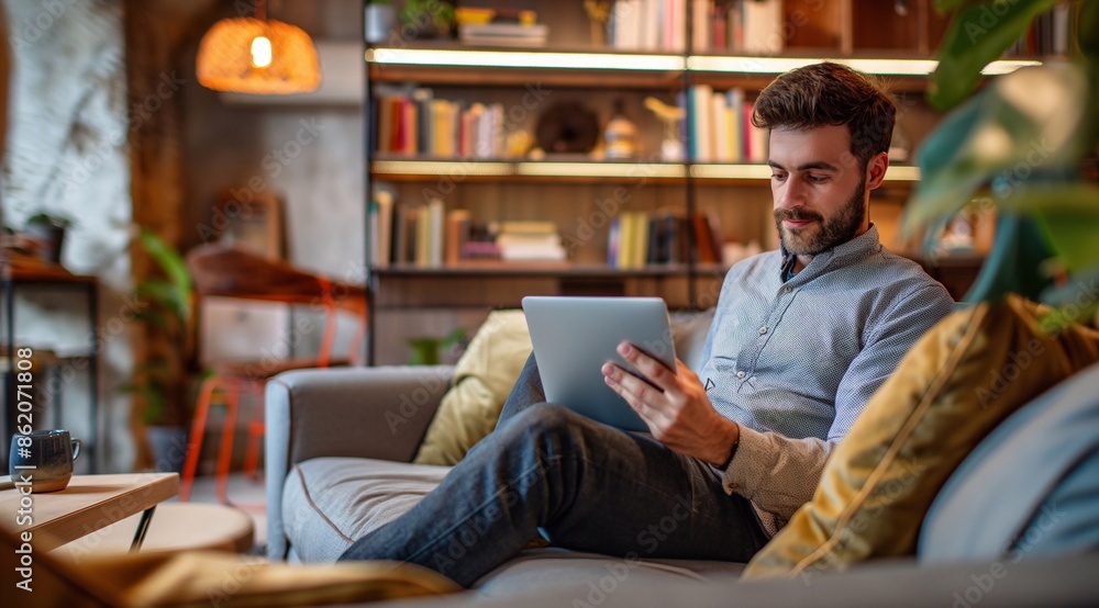 young professional using digital tablet pad while relaxing on sofa in modern office. young professional using digital tablet pad while relaxing on sofa in modern office.