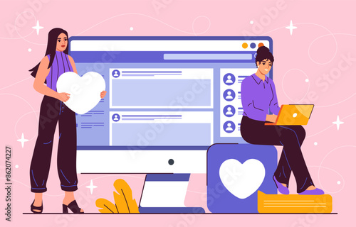 Online forum concept. Women with laptop and white hearts. Communication and interaction on internet. Chatting in social networks. Cartoon flat vector illustration isolated on white background