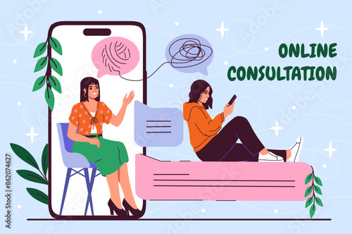 Online psychological consultation. Psychologist talking with client at smartphone screen. Mental health and psychological problems treatment. Poster or banner. Cartoon flat vector illustration