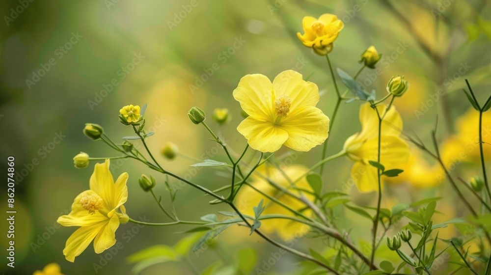 Obraz premium Blooming yellow flowers of Gossypium barbadense with blurred backdrop