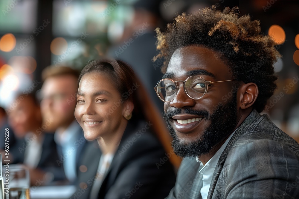 Smiling Man With Glasses in a Casual Setting With a Woman in the Background Smiling Man With Glasses in a Casual Setting With a Woman in the Background