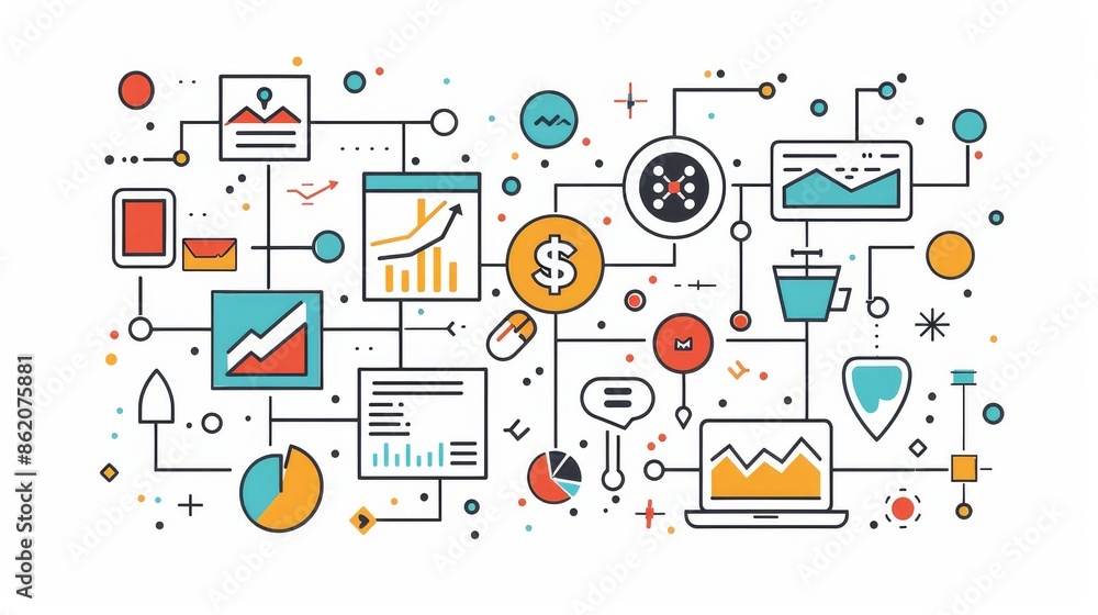 Flat illustration of interconnected business elements such as money, icons and graphs with a white background, in the vector flat icon design style Flat illustration of interconnected business elements such as money, icons and graphs with a white background, in the vector flat icon design style