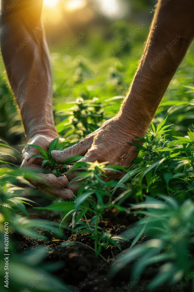 Dedicated Farmer Examining Cannabis Plant in the Field for Marijuana Agriculture High Quality Cultivation and Expert Crop Management Techniques in Modern Hemp Farming Practices Dedicated Farmer Examining Cannabis Plant in the Field for Marijuana Agriculture High Quality Cultivation and Expert Crop Management Techniques in Modern Hemp Farming Practices