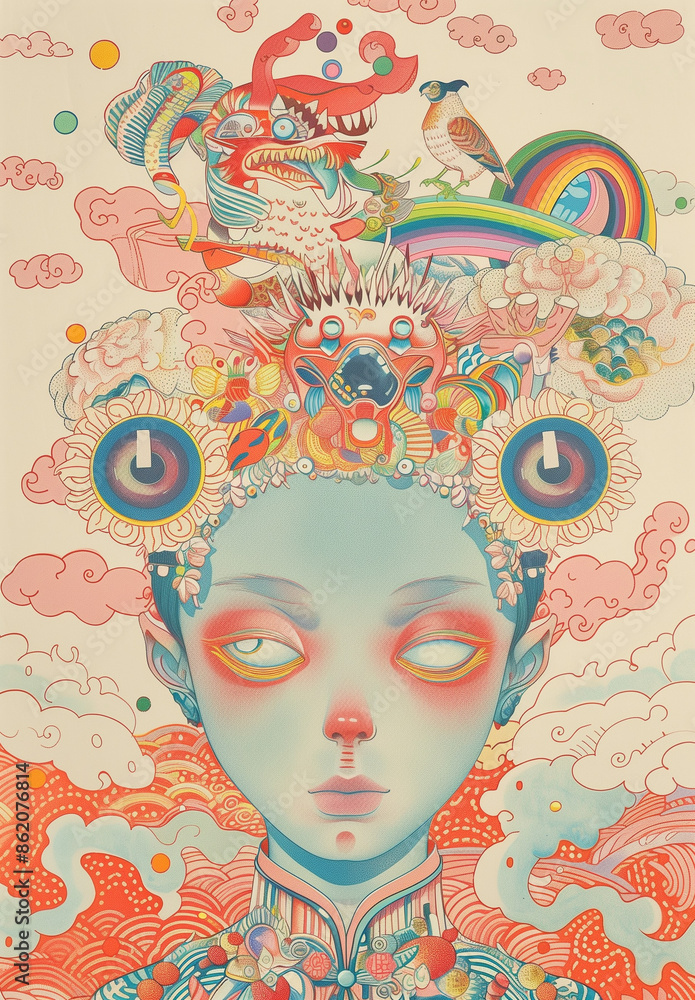 Surreal Portrait of Girl with Intricate Headpiece Featuring Mythical Creatures and Rainbows
Surreal Portrait of Girl with Intricate Headpiece Featuring Mythical Creatures and Rainbows
