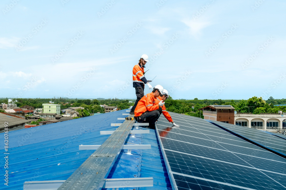 engineer man inspects construction of solar cell panel or photovoltaic cell by electronic device. Industrial Renewable energy of green power. factory worker working on tower roof. engineer man inspects construction of solar cell panel or photovoltaic cell by electronic device. Industrial Renewable energy of green power. factory worker working on tower roof.