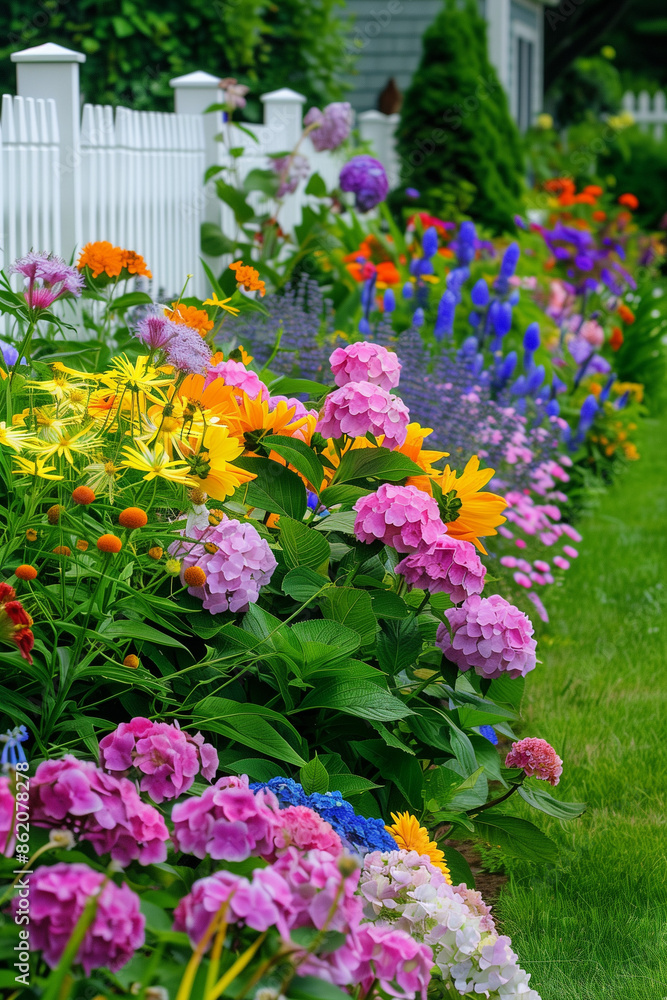 A garden with colorful hydrangeas peonies and lavender along the front yard fence A garden with colorful hydrangeas peonies and lavender along the front yard fence