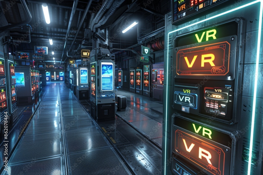 Futuristic VR arcade, highlighting the immersive experience and advanced technology, perfect for showcasing modern digital interaction and entertainment in high tech gaming environments Futuristic VR arcade, highlighting the immersive experience and advanced technology, perfect for showcasing modern digital interaction and entertainment in high tech gaming environments
