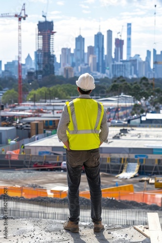 High resolution stock photo of an engineer wearing yellow vest and helmet, standing at construction site with city skyline in the background