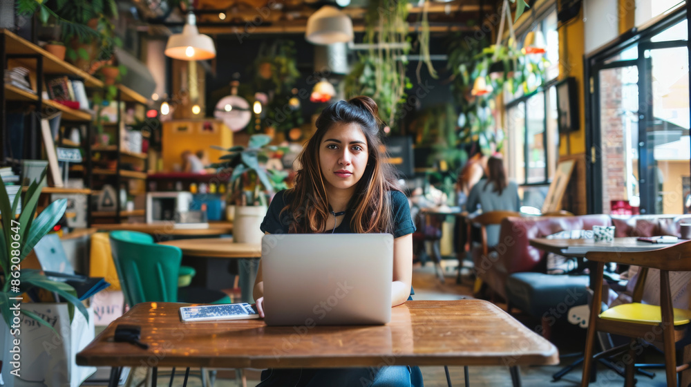 A young entrepreneur working on a laptop in a vibrant coworking space A young entrepreneur working on a laptop in a vibrant coworking space