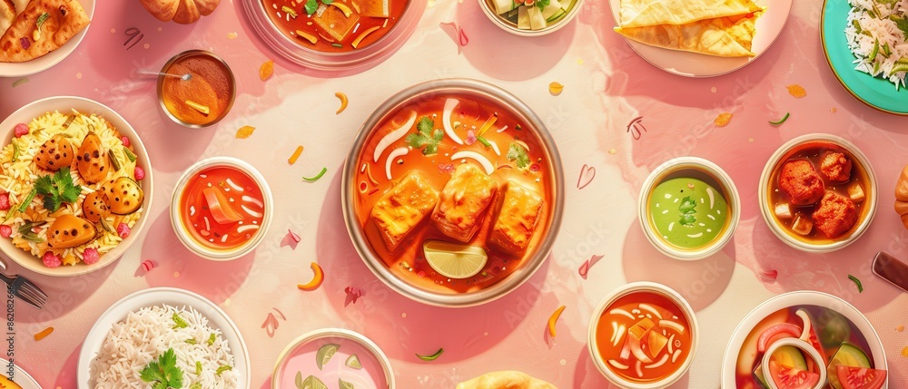 Various delicious Indian dishes arranged on a table with colorful sauces, spices, and garnishes for an appetizing display. Various delicious Indian dishes arranged on a table with colorful sauces, spices, and garnishes for an appetizing display.