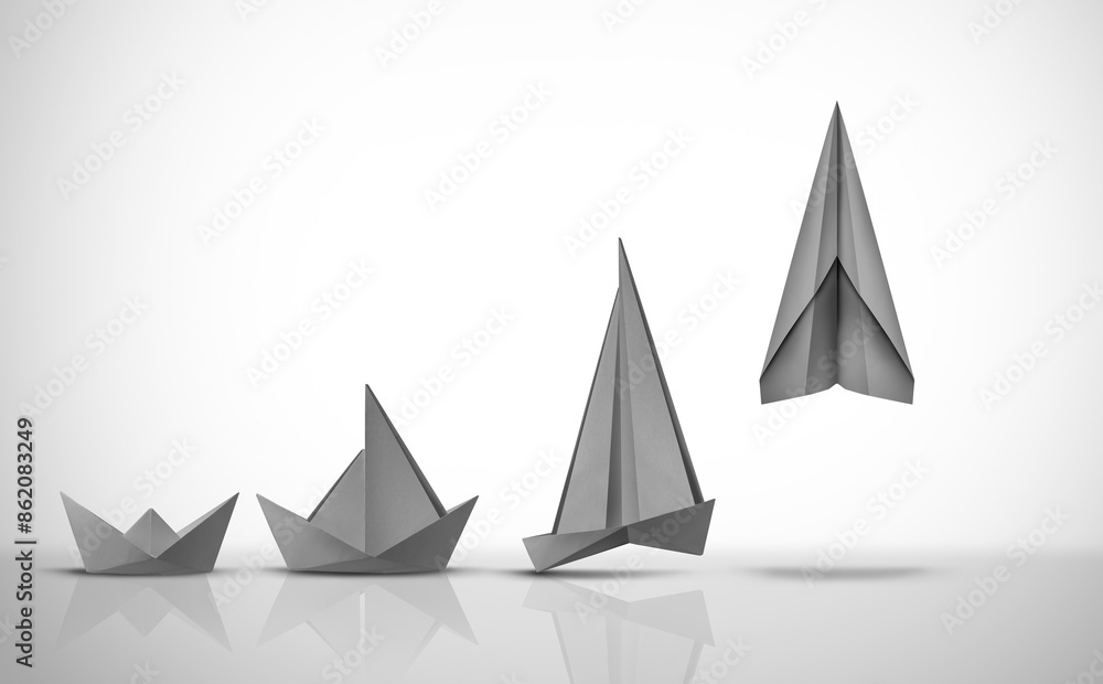 Change For Success as a business start up concept or life metaphor for transition and evolution as a paper boat changing as an origami airplane taking off. Change For Success as a business start up concept or life metaphor for transition and evolution as a paper boat changing as an origami airplane taking off.