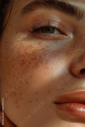 Detailed Close-Up of a Young Woman in Her 20s with Glowing, Healthy Skin, Without Makeup