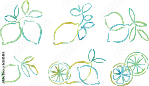 水彩画。水彩タッチのレモンイラスト。レモンのベクター線画。水彩タッチの夏レモンフレーム。Watercolor painting. Lemon illustration with watercolor touch. Lemon vector line drawing. Summer lemon frame with watercolor touch.
