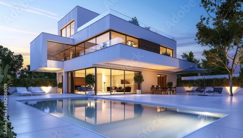 Modern house with swimming pool and terrace in the evening, modern architecture villa exterior, white color construction, white glass windows, minimalism style home design © DWN Media