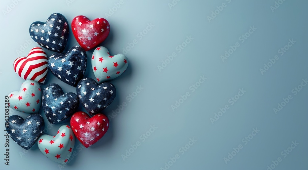 Red And Blue Heart Shaped Ornaments With White Stars On Light Blue Background Red And Blue Heart Shaped Ornaments With White Stars On Light Blue Background