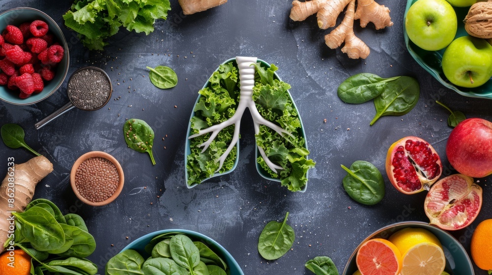 Artistic representation of human lungs surrounded by lunghealthy foods