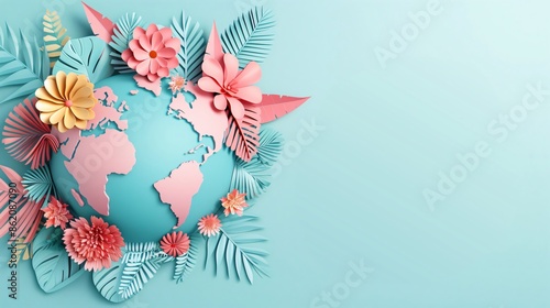 Pink and blue earth globe surrounded by colorful papercraft flowers and plants for earth day