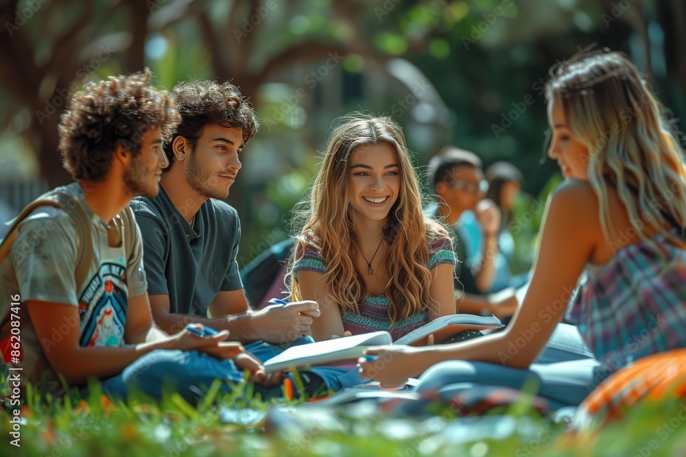 photo of college students studying together on campus photo of college students studying together on campus