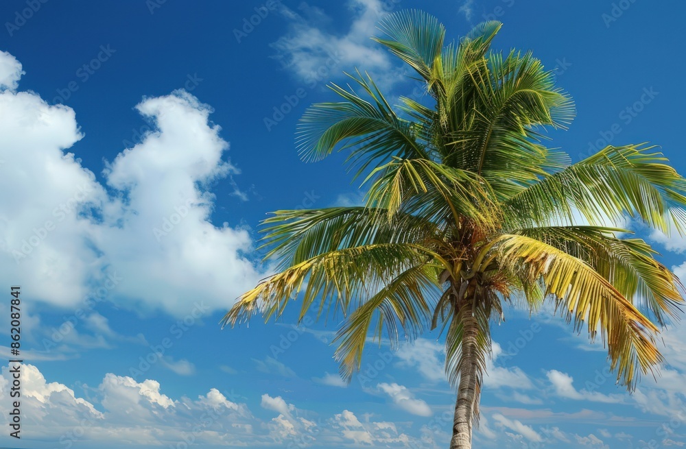 Fototapeta premium A palm tree is standing on a beach with a clear blue sky above it. Generate AI image