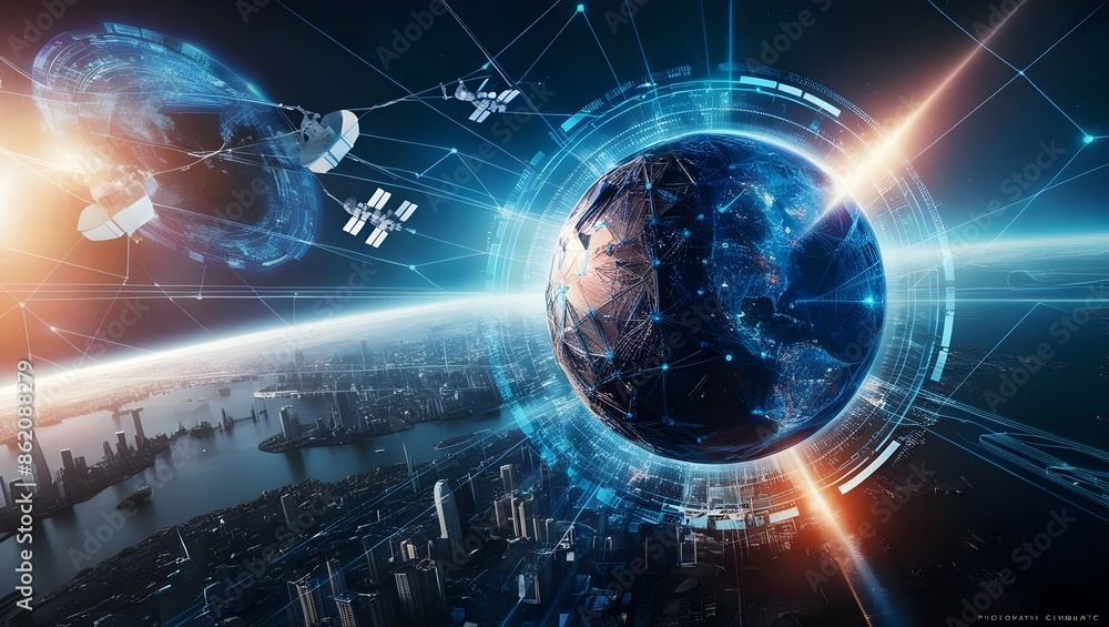 Fototapeta premium Futuristic Earth with Digital Network Orbits and Satellites