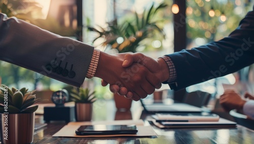 Photo of a business person shaking hands in an office setting