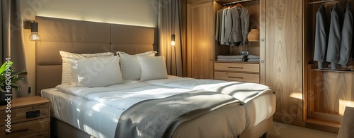 Modern hotel room featuring a double bed, a bedside lamp, and a wooden wardrobe sharp focus and clear light , high clarity