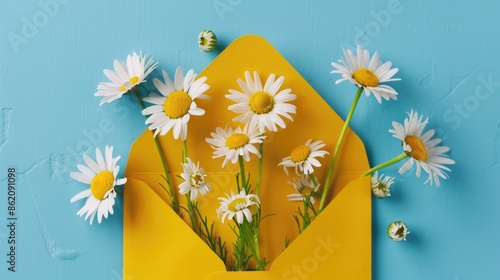 Little yellow chamomile daisies on yellow envelope with blue background space for text seasonal greeting card photo