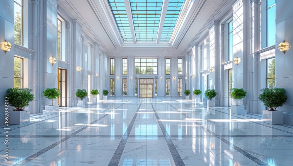White empty modern office building interior with a glass ceiling and high ceilings, a large open space in the center of the hall with white walls White empty modern office building interior with a glass ceiling and high ceilings, a large open space in the center of the hall with white walls