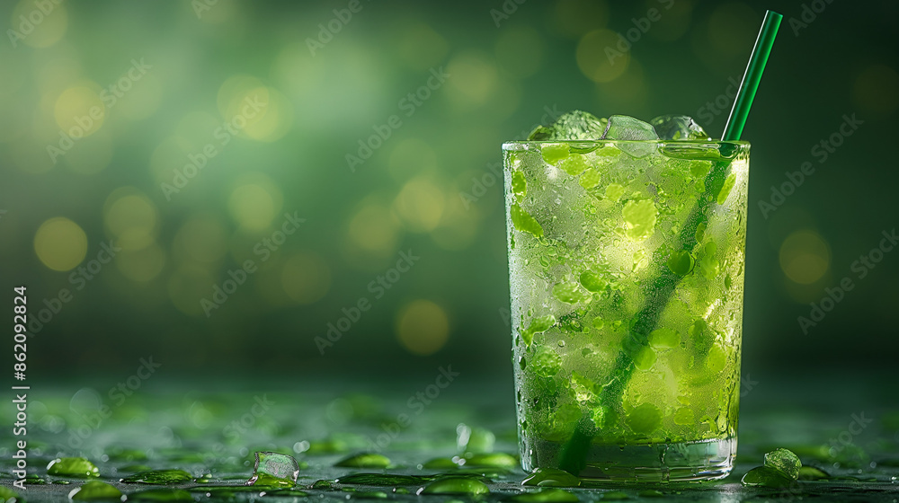 a soft lightened glass full of light green drink with one dark green straw on a solid background. Glass should fill with symmetric ice cubes. Liquid inside should be homogeneous. The one third of the a soft lightened glass full of light green drink with one dark green straw on a solid background. Glass should fill with symmetric ice cubes. Liquid inside should be homogeneous. The one third of the