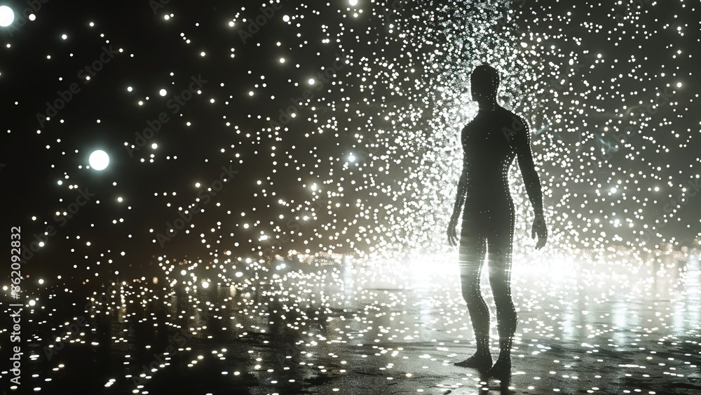 Holographic 3D digital particle human technology background Holographic 3D digital particle human technology background