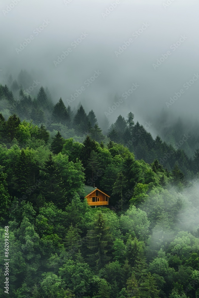 Bird's eye view of a mountain hut in the fog Bird's eye view of a mountain hut in the fog