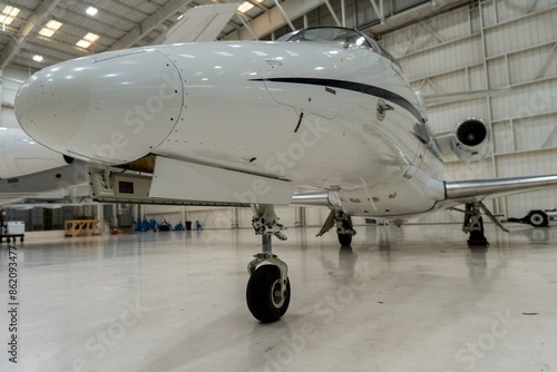 White private jet stored in an airplane hangar.