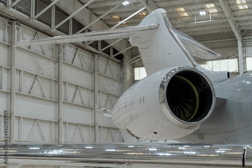 Close up of the tail and engine of a white private jet in a hangar.