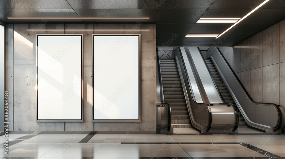 Blank white advertising billboard on a subway tunnel wall, escalator aside, mockup Blank white advertising billboard on a subway tunnel wall, escalator aside, mockup