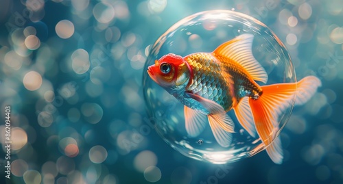 A Single Goldfish Swims in a Bubble on a Blue Background With Bokeh