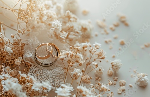 Gold Wedding Bands Surrounded by White Babys Breath Flowers and Lace