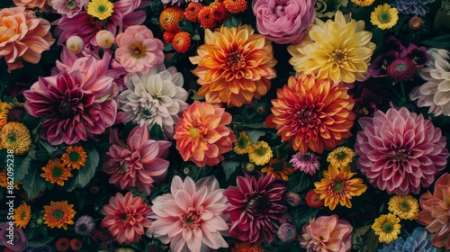 Solid-colored flowers arranged as a vibrant backdrop, Clear central space for text, High-resolution photography showcasing the intricate beauty of the blooms © Denis