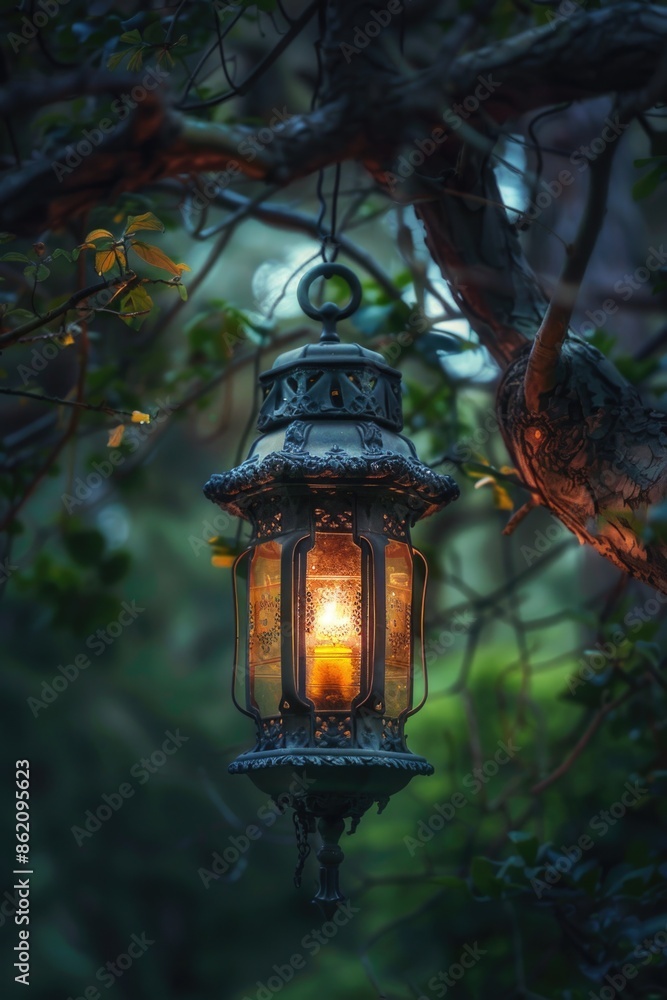 Lantern Hanging from Tree at Night Lantern Hanging from Tree at Night
